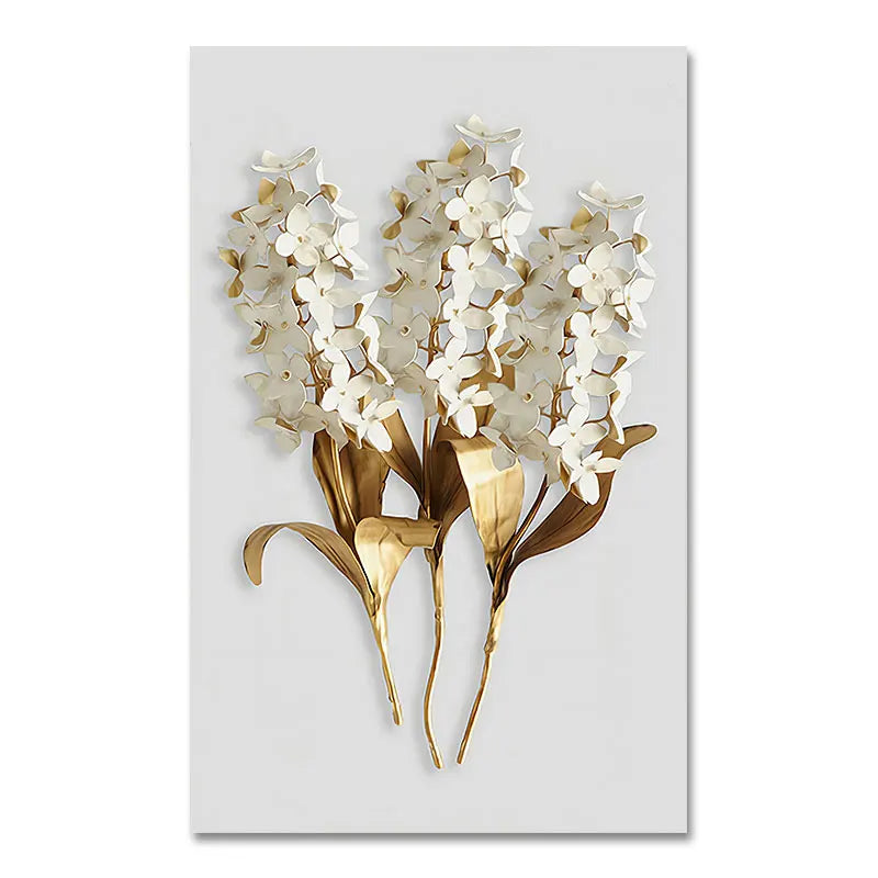 Golden Leaf White Petalled Floral Canvas Wall Art Unframed