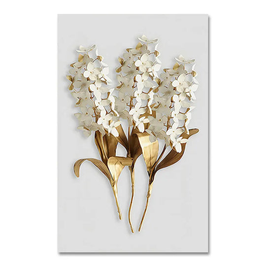 Golden Leaf White Petalled Floral Canvas Wall Art Unframed