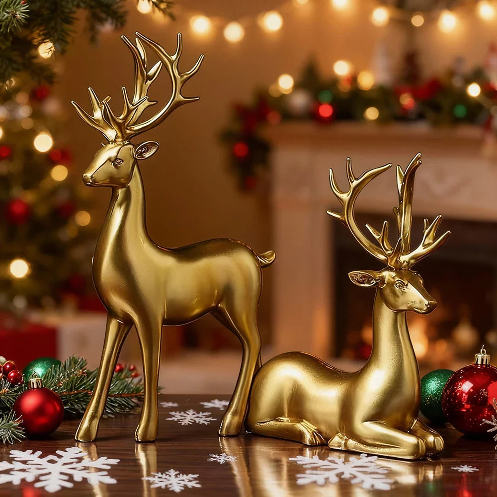 Golden Nordic Reindeer Figurine Set Table Decor Accent