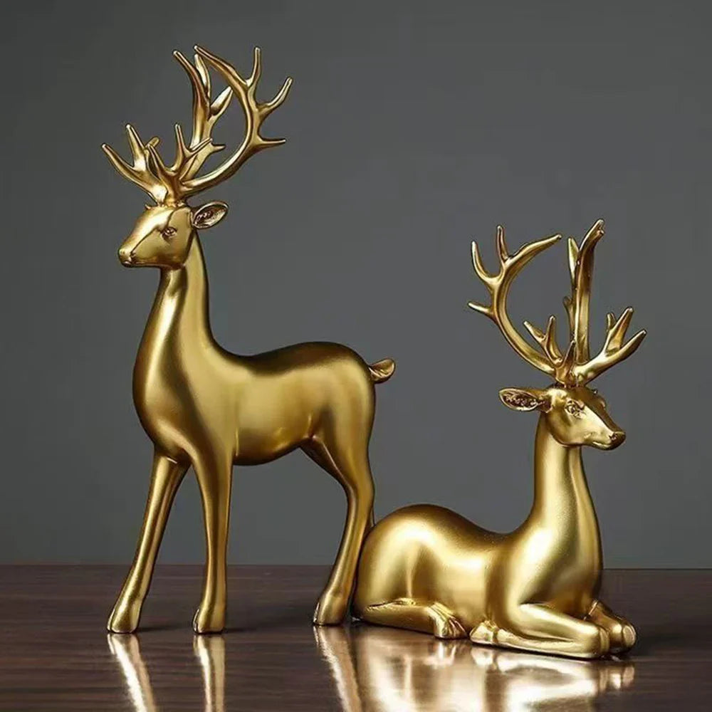 Golden Nordic Reindeer Figurine Set Table Decor Accent