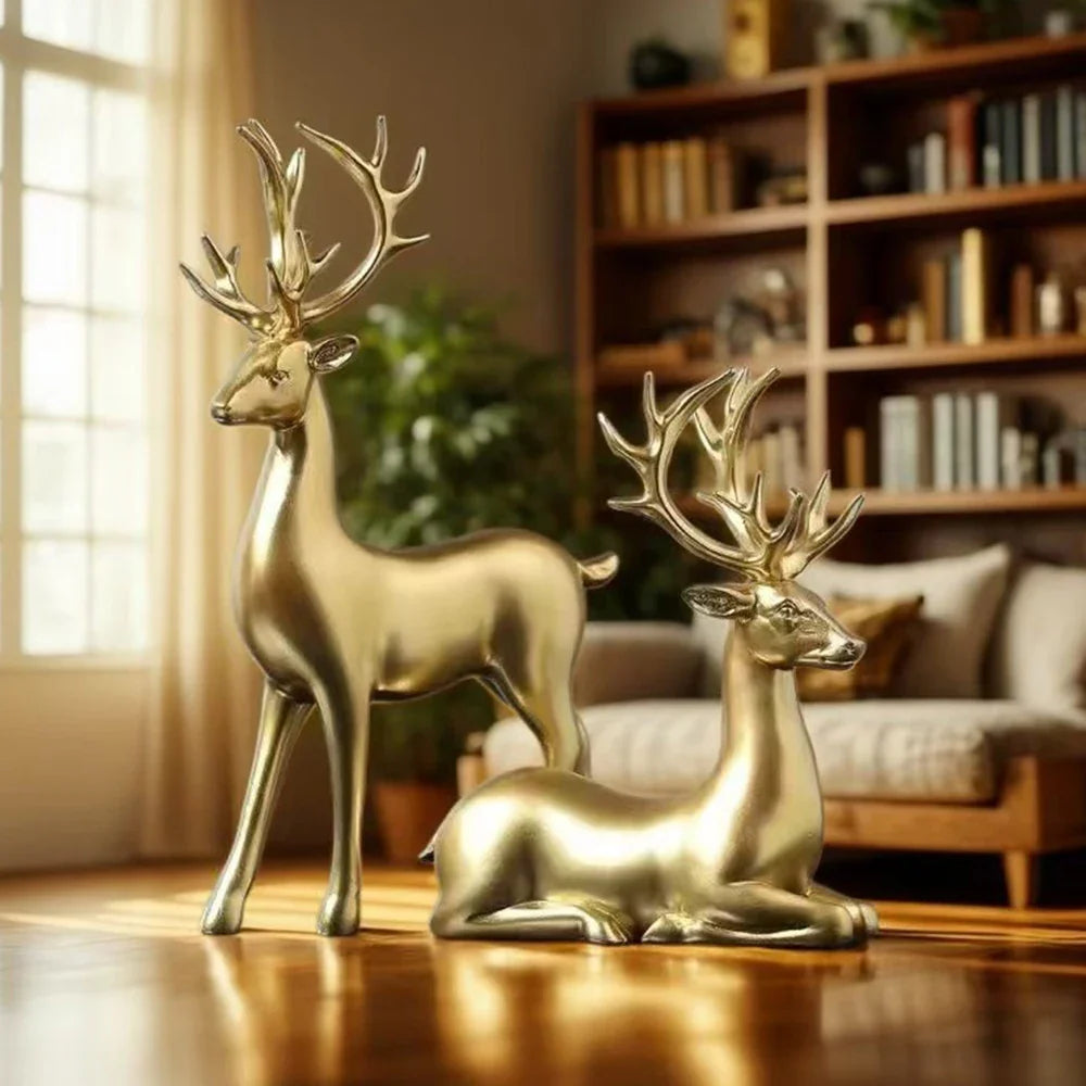 Golden Nordic Reindeer Figurine Set Table Decor Accent