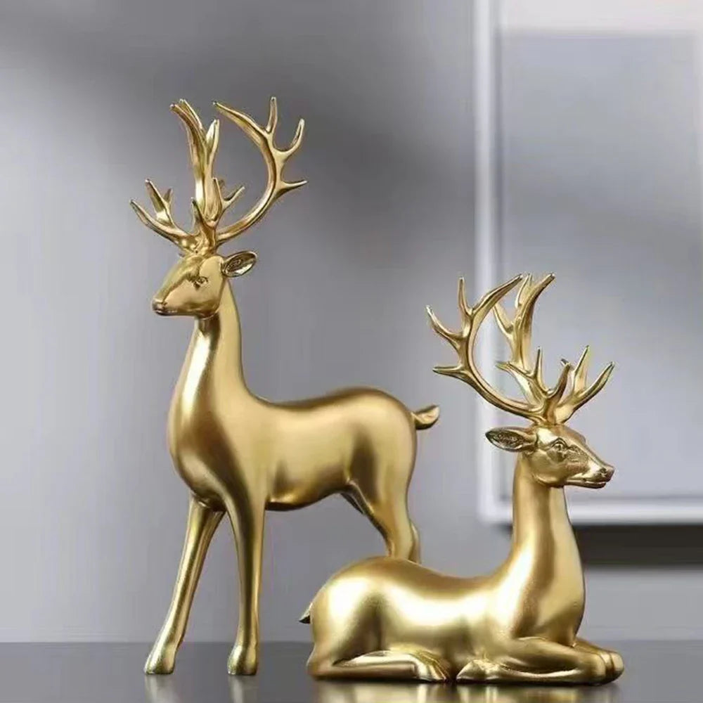 Golden Nordic Reindeer Figurine Set Table Decor Accent