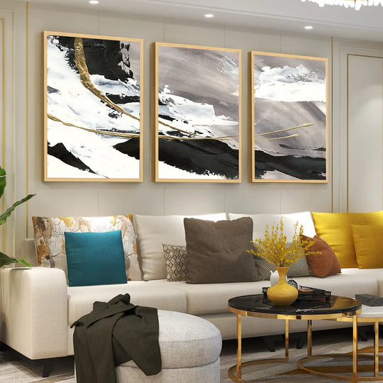 Grey Black Golden Abstract Triptych Canvas Wall Art Set of 3 Unframed