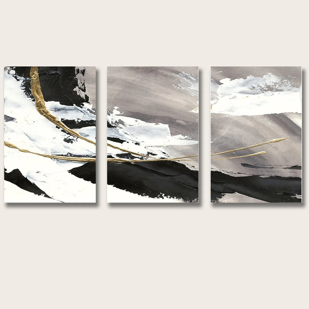 Grey Black Golden Abstract Triptych Canvas Wall Art Set of 3 Unframed