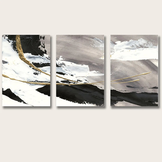 Grey Black Golden Abstract Triptych Canvas Wall Art Set of 3 Unframed
