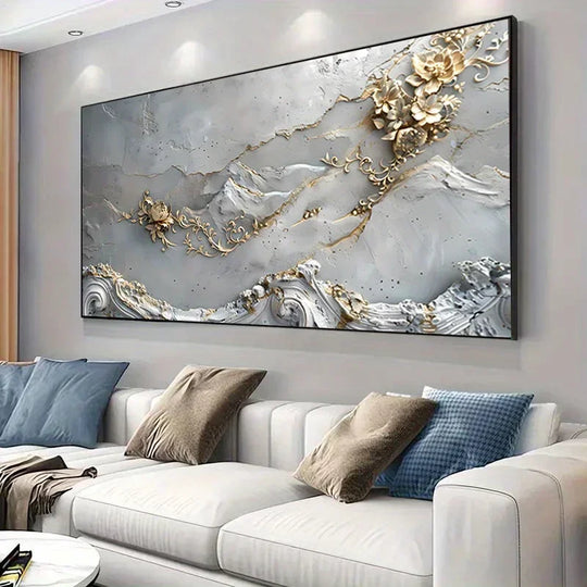 Grey Golden Floral Abstract Canvas Wall Art Print