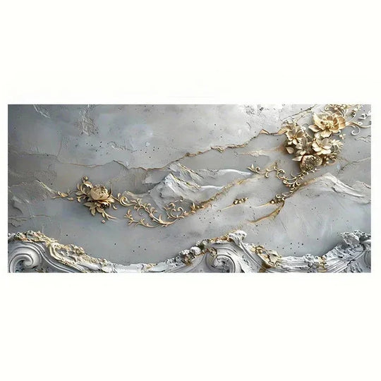 Grey Golden Floral Abstract Canvas Wall Art Print