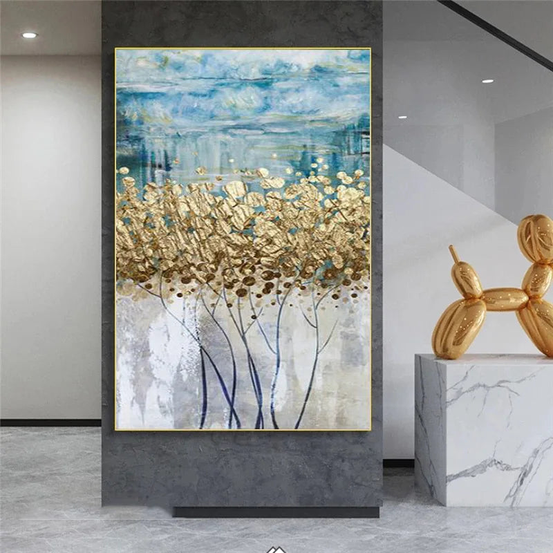 Abstract Blue Golden Money Tree Canvas Wall Art Unframed