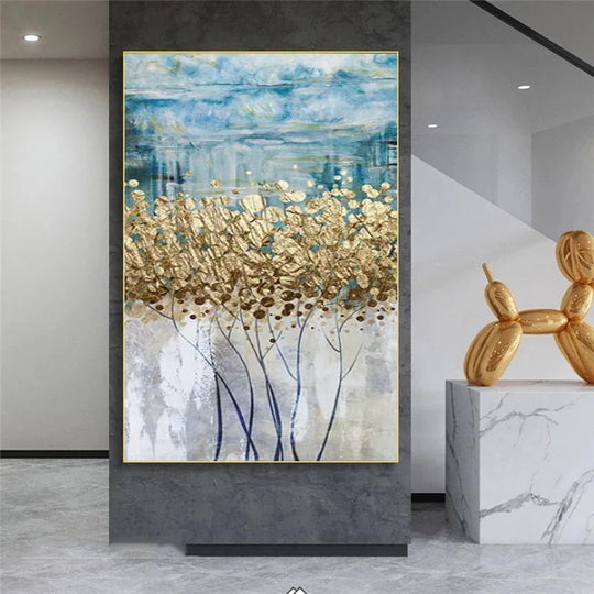 Abstract Blue Golden Money Tree Canvas Wall Art Unframed