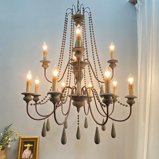 Vintage White Wooden Beads Chandelier – Elegant Foyer &amp; Lobby Pendant Light