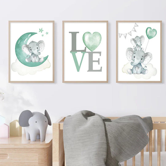 Personalized Baby Name Elephant Moon Nursery Canvas Wall Art Unframed
