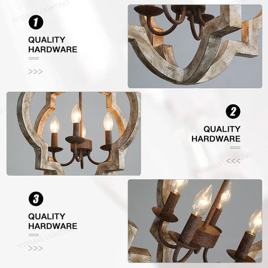 Vintage Solid Wood Chandelier – French American Style Retro White 4-Light Pendant