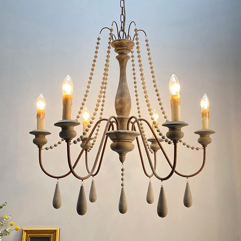 Vintage White Wooden Beads Chandelier – Elegant Foyer &amp; Lobby Pendant Light