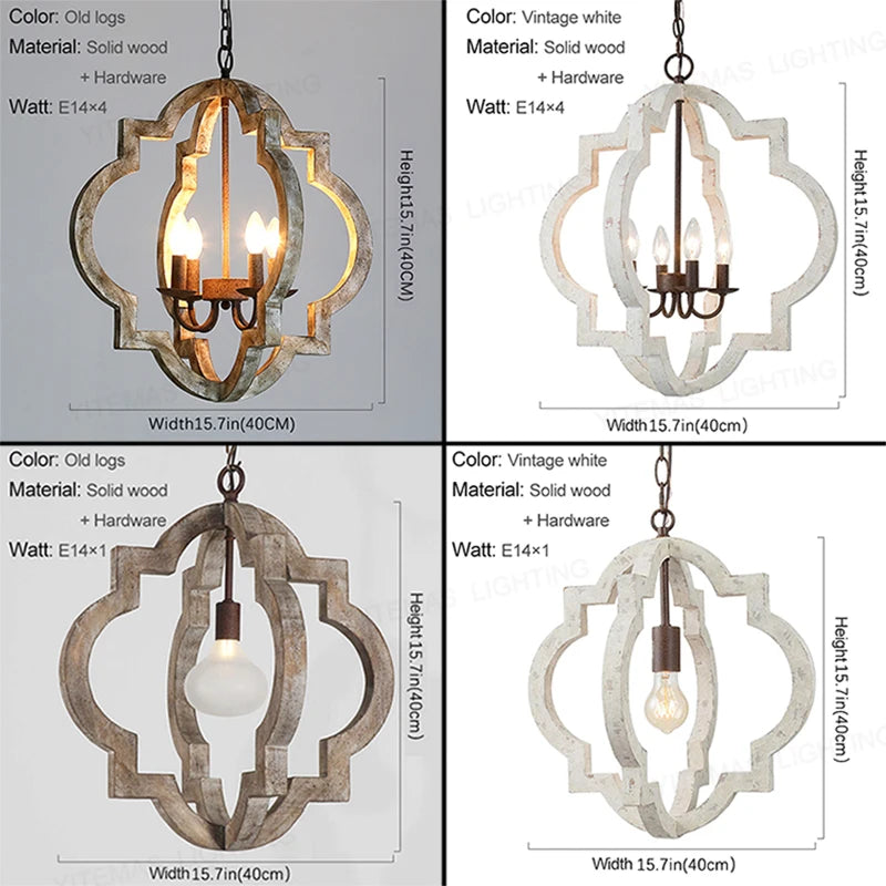 Vintage Solid Wood Chandelier – French American Style Retro White 4-Light Pendant