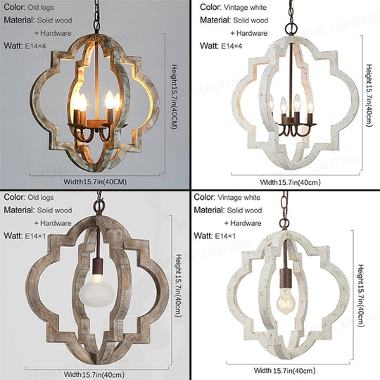Vintage Solid Wood Chandelier – French American Style Retro White 4-Light Pendant