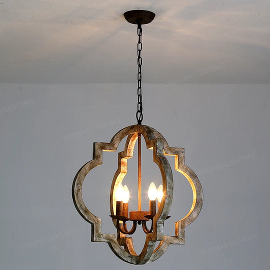 Vintage Solid Wood Chandelier – French American Style Retro White 4-Light Pendant