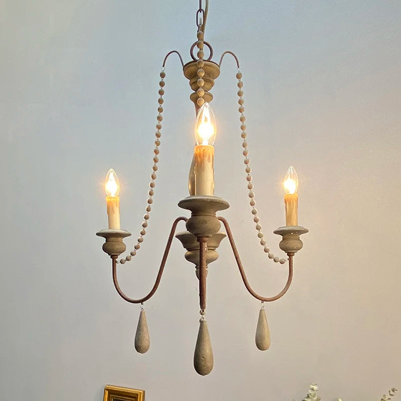 Vintage White Wooden Beads Chandelier – Elegant Foyer &amp; Lobby Pendant Light