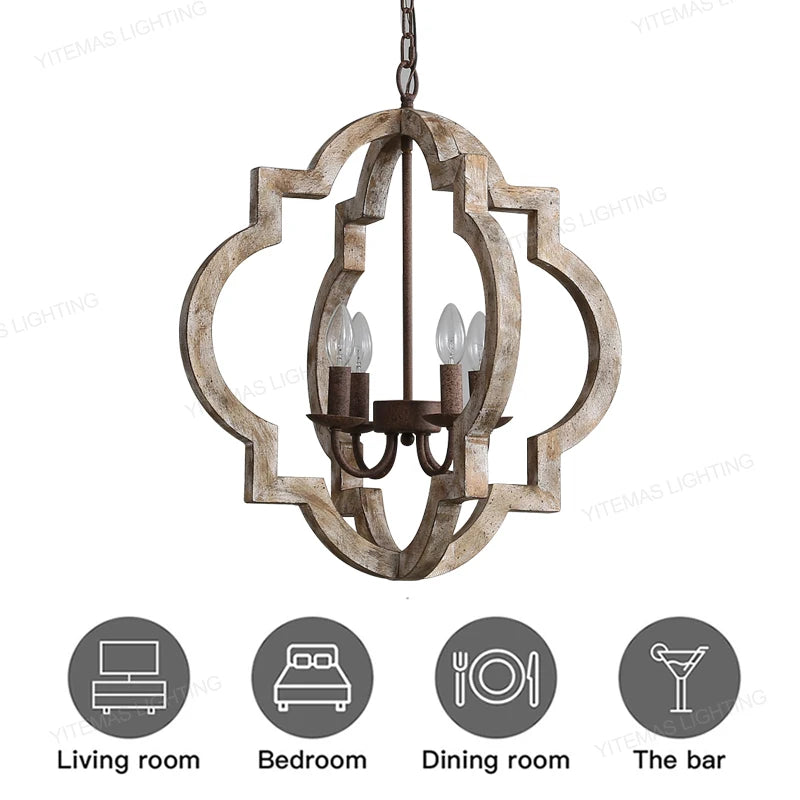 Vintage Solid Wood Chandelier – French American Style Retro White 4-Light Pendant