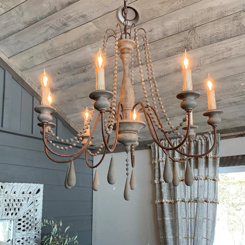 Vintage White Wooden Beads Chandelier – Elegant Foyer &amp; Lobby Pendant Light