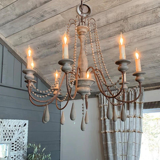 Vintage White Wooden Beads Chandelier – Elegant Foyer &amp; Lobby Pendant Light