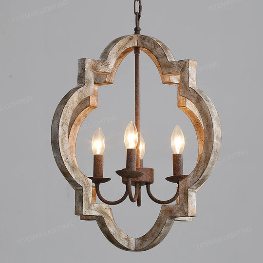 Vintage Solid Wood Chandelier – French American Style Retro White 4-Light Pendant