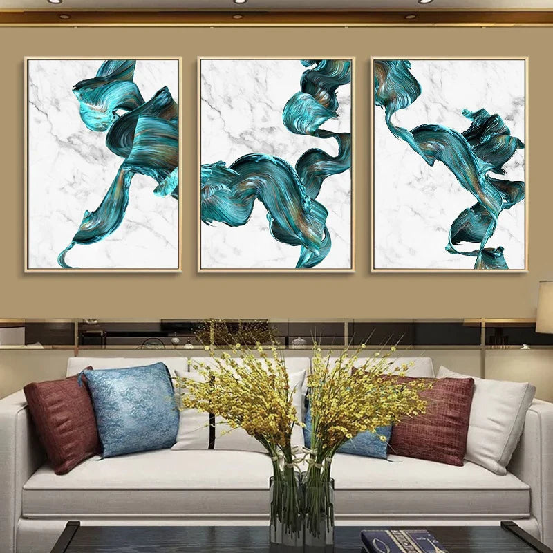 Modern Abstract Flowing Jade Silk Canvas Wall Art Unframed