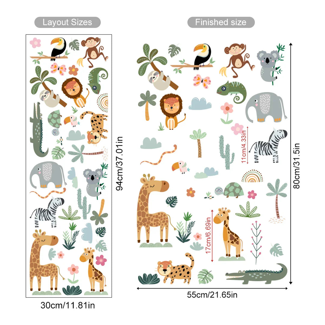 Jungle Safari Cartoon Animal Wall Decals For Kids Room Decor