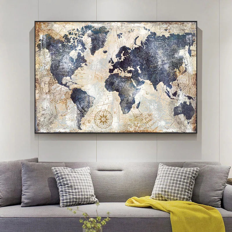 Large Format Rustic Vintage World Map Canvas Wall Art Unframed