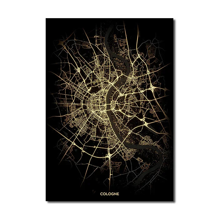 Black Gold City Map Canvas Wall Art Print