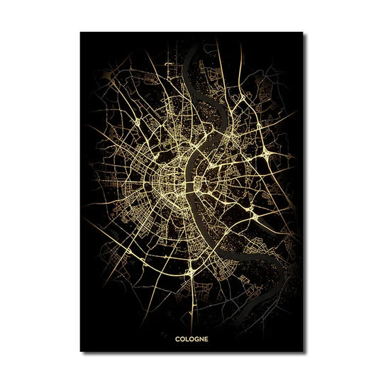 Black Gold City Map Canvas Wall Art Print