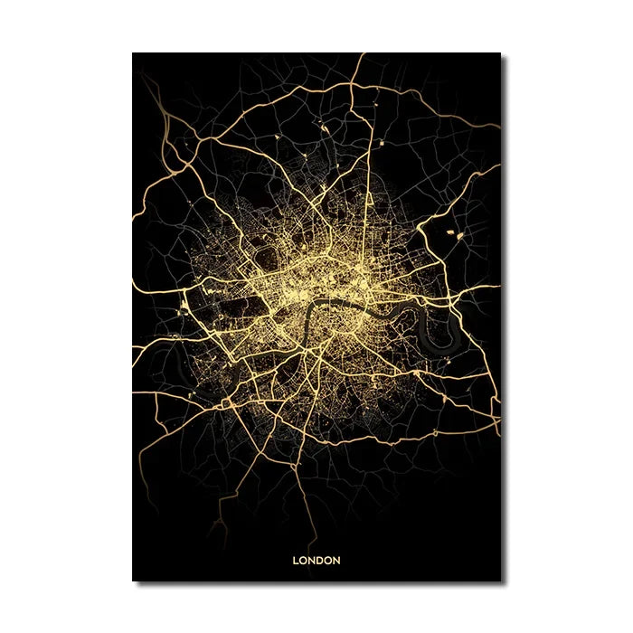 Black Gold City Map Canvas Wall Art Print