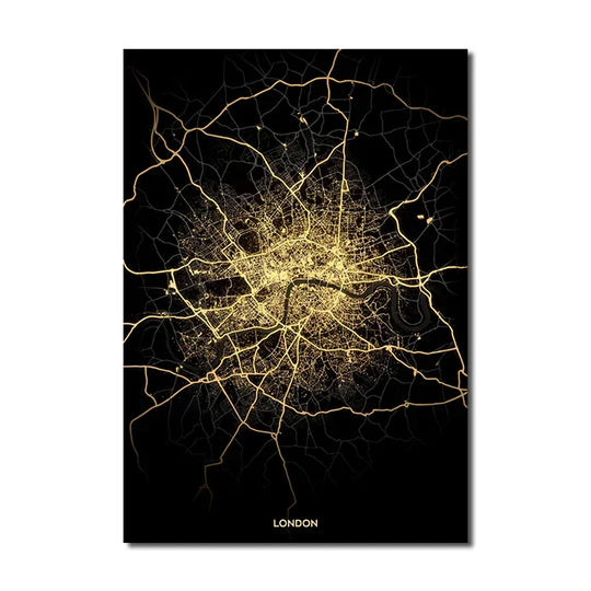 Black Gold City Map Canvas Wall Art Print