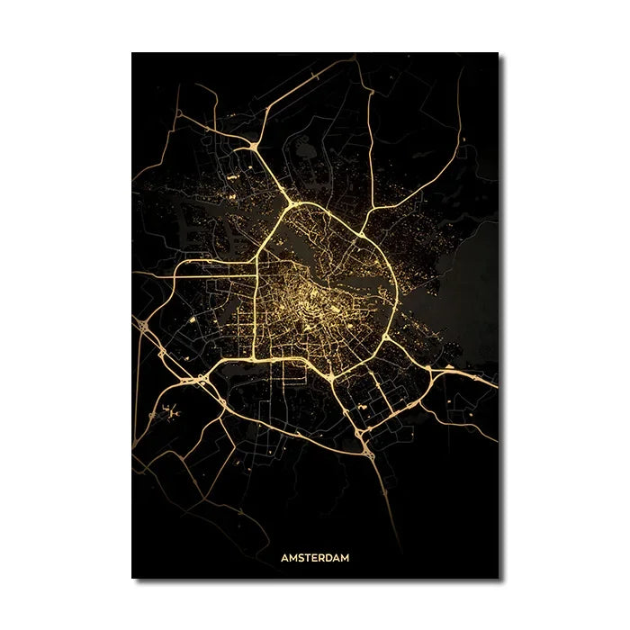 Black Gold City Map Canvas Wall Art Print
