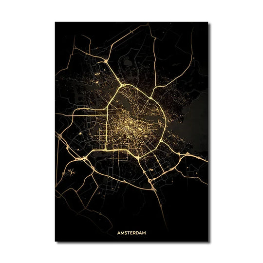 Black Gold City Map Canvas Wall Art Print