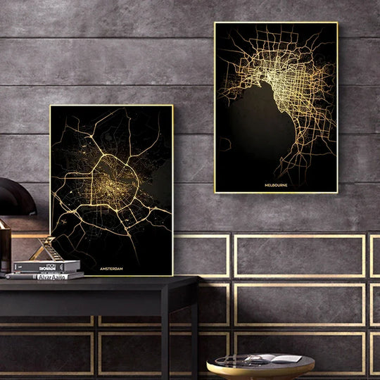 Black Gold City Map Canvas Wall Art Print