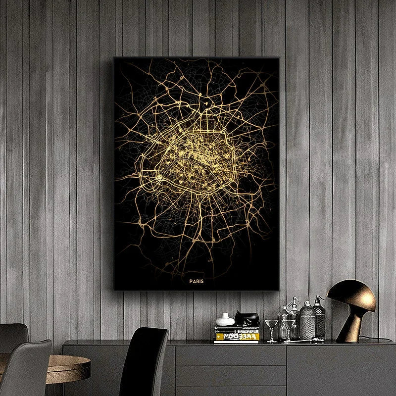 Black Gold City Map Canvas Wall Art Print
