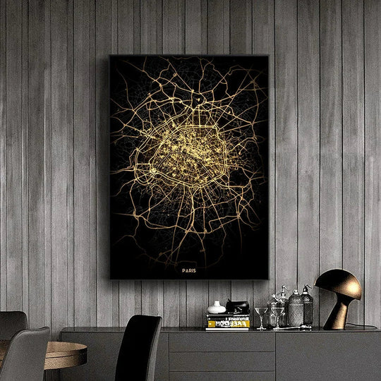 Black Gold City Map Canvas Wall Art Print