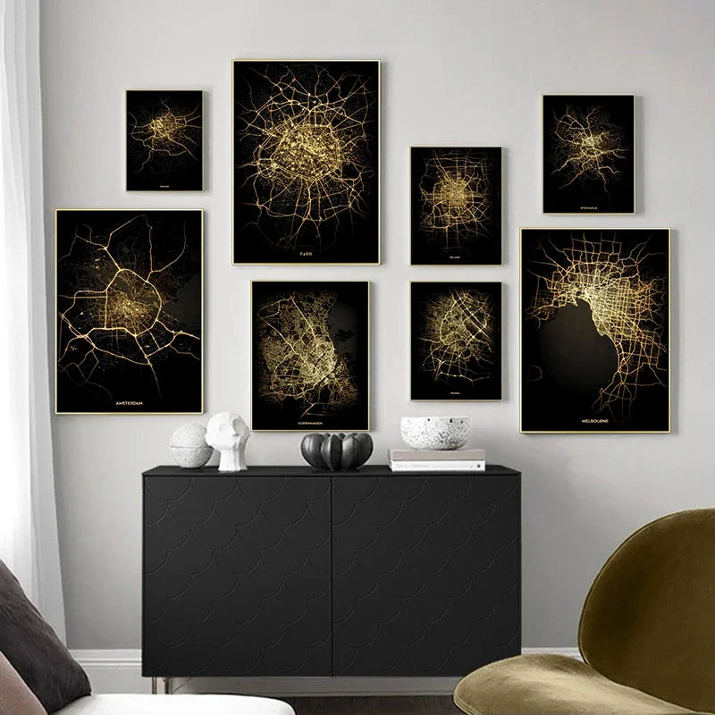 Black Gold City Map Canvas Wall Art Print