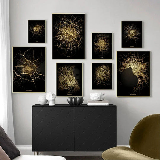 Black Gold City Map Canvas Wall Art Print