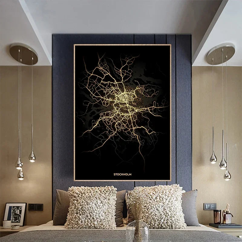 Black Gold City Map Canvas Wall Art Print