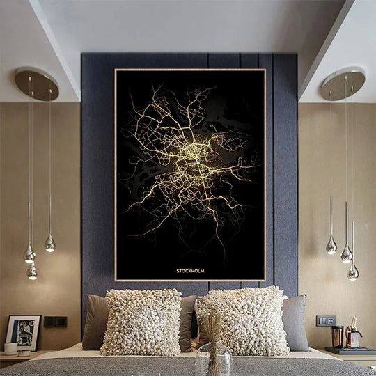 Black Gold City Map Canvas Wall Art Print