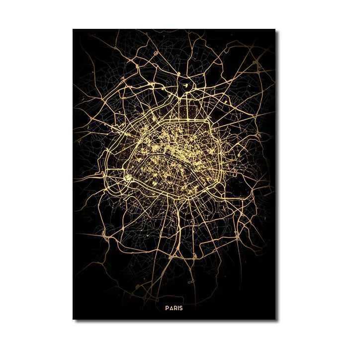 Black Gold City Map Canvas Wall Art Print