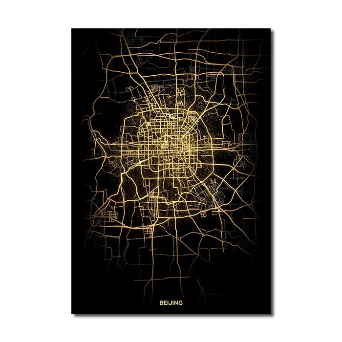 Black Gold City Map Canvas Wall Art Print