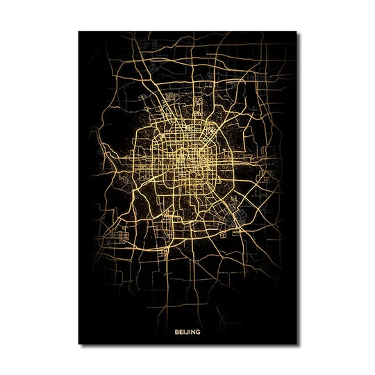 Black Gold City Map Canvas Wall Art Print