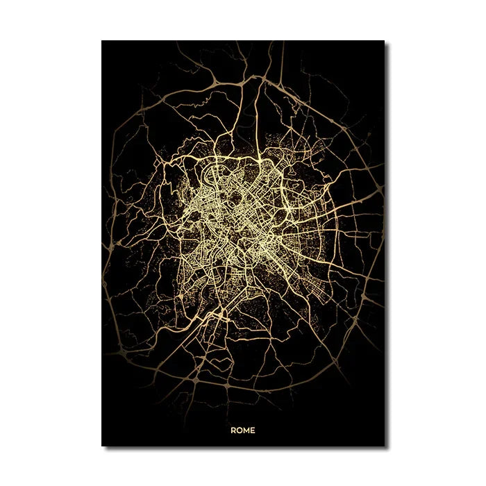 Black Gold City Map Canvas Wall Art Print