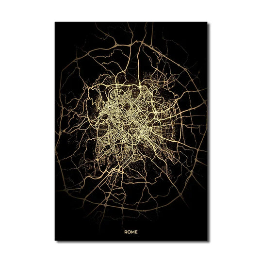 Black Gold City Map Canvas Wall Art Print