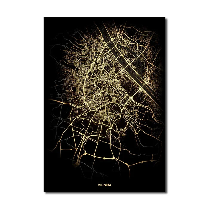 Black Gold City Map Canvas Wall Art Print
