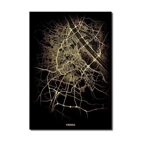 Black Gold City Map Canvas Wall Art Print