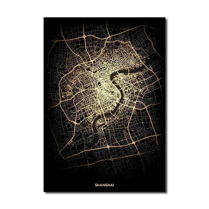 Black Gold City Map Canvas Wall Art Print