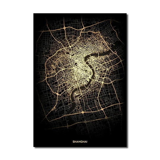 Black Gold City Map Canvas Wall Art Print